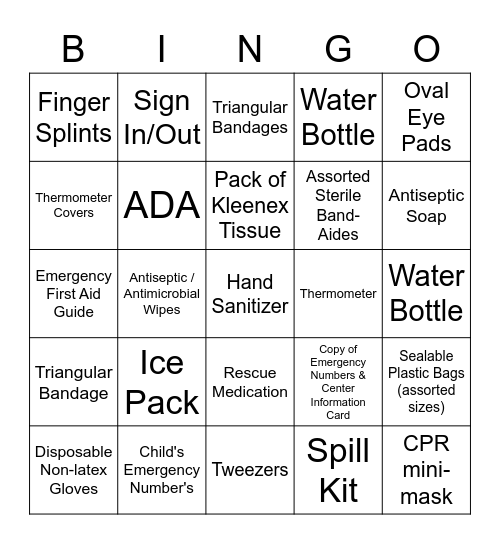 First Aid Bingo Card