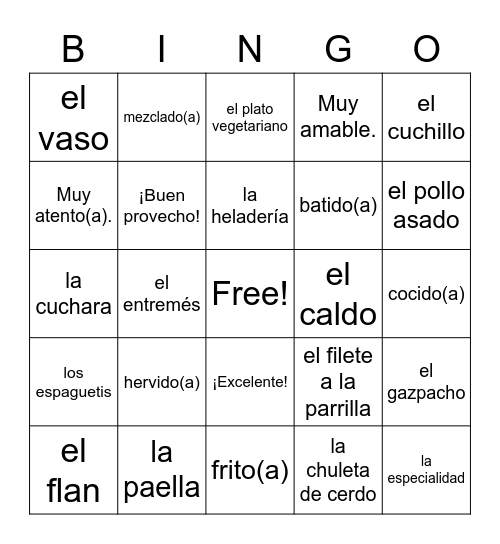 Spanish 2 5.2 vocabulary Bingo Card