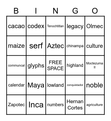 ANCIENT AMERICAN CIVILIZATIONS Bingo Card