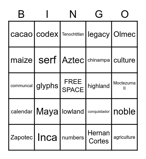 ANCIENT AMERICAN CIVILIZATIONS Bingo Card