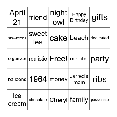 Cheryl's Birthday Bash Bingo Card