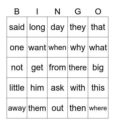 Sight Words Bingo Card