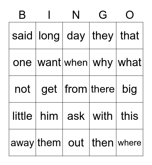 Sight Words Bingo Card