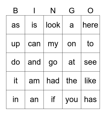 Sight Words Bingo Card