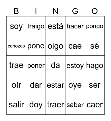 Go Yo Verbs Bingo Card