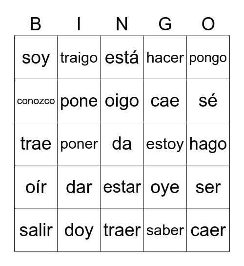 Go Yo Verbs Bingo Card