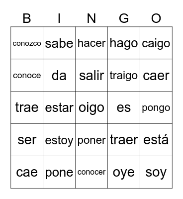 Go Yo Verbs Bingo Card