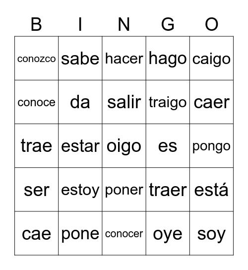 Go Yo Verbs Bingo Card