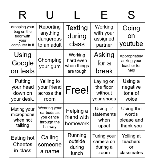 Mesa View Rules Bingo Card