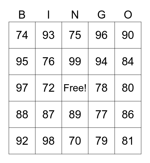 Les numéros 70 à 100 Bingo Card