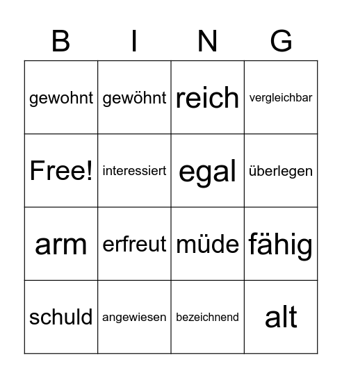 Rektion der Adjektive Bingo Card