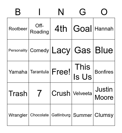 Hannah's Bridal Shower Bingo Card