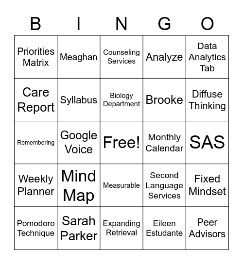 Academic Coaching Bingo Card