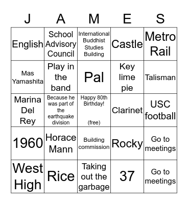 Jim's 80th Birthday Bingo Card