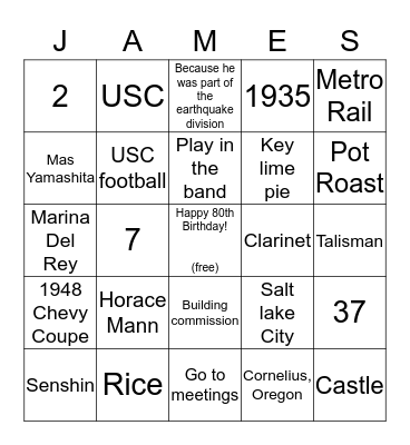 Jim's 80th Birthday Bingo Card