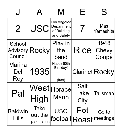 Jim's 80th Birthday Bingo Card