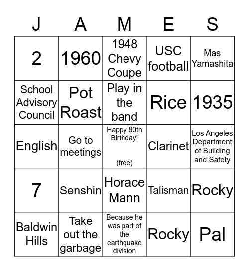 Jim's 80th Birthday Bingo Card