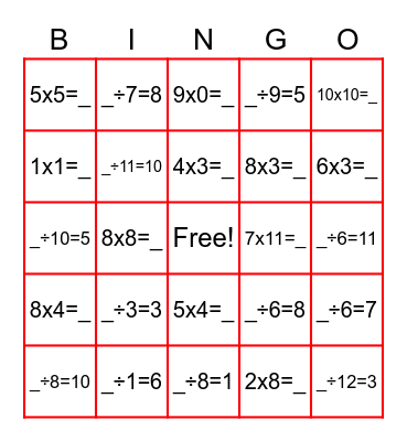 MULTIPLICATION AND DIVISION Bingo Card