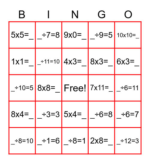 MULTIPLICATION AND DIVISION Bingo Card