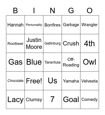 Hannah's Bridal Shower Bingo Card