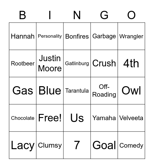 Hannah's Bridal Shower Bingo Card