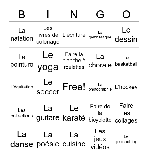 Les passe-temps Bingo Card