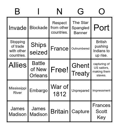 War of 1812 Bingo Card