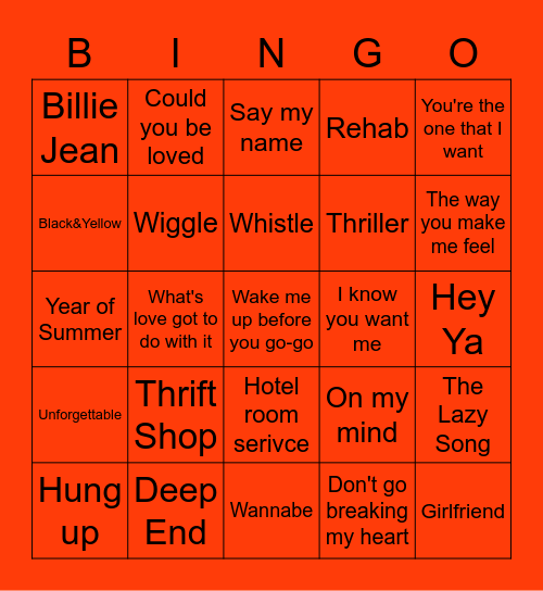Spartacus Music Bingo 3 Bingo Card