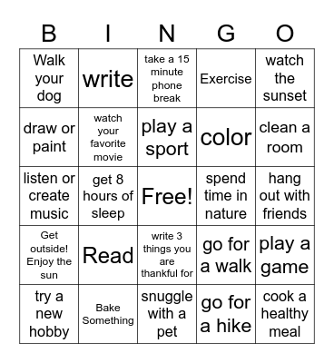 Healthy Activities BINGO Card