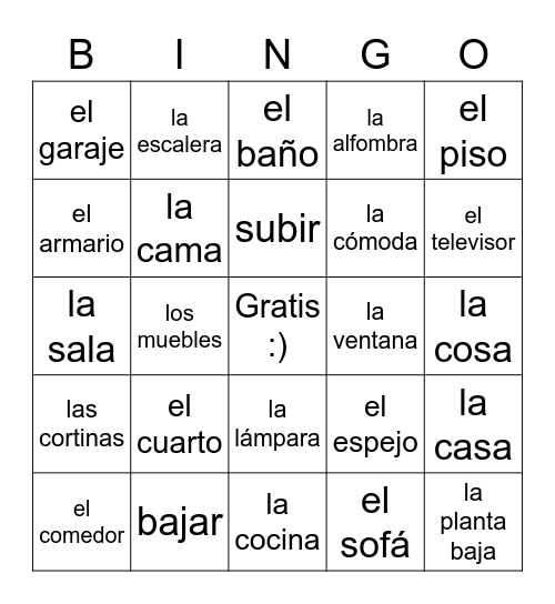 Vocabulario de la casa Bingo Card