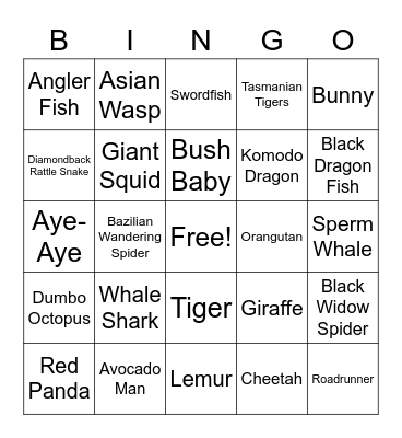 Animals Bingo Card