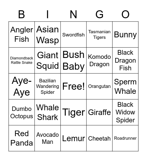 Animals Bingo Card