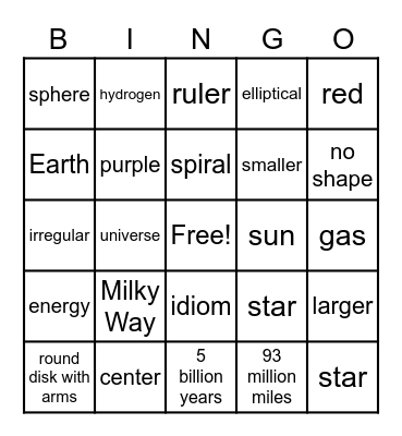 Sun, Star and Galaxy Review Bingo Card