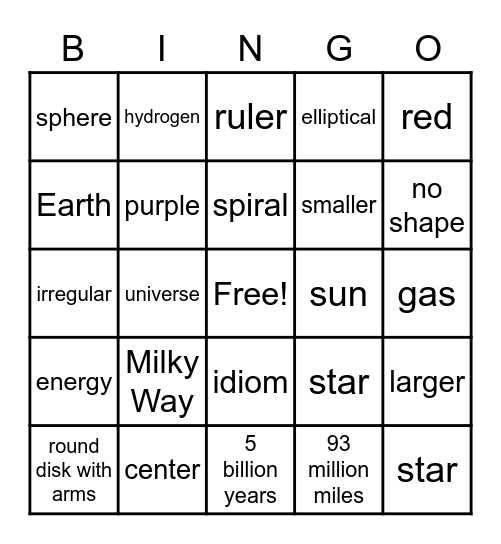 Sun, Star and Galaxy Review Bingo Card