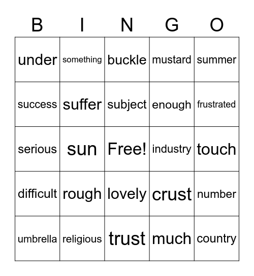 short u sound Bingo Card