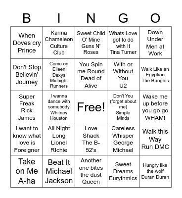 Best of the 80's R1 Bingo Card