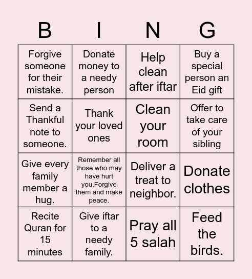 Act of Kindness Bingo Card