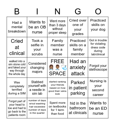 Nursing Student  🩺👩🏽‍⚕️👨🏽‍⚕️ Bingo Card