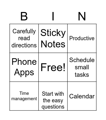 organizational skills & test-taking skills Bingo Card