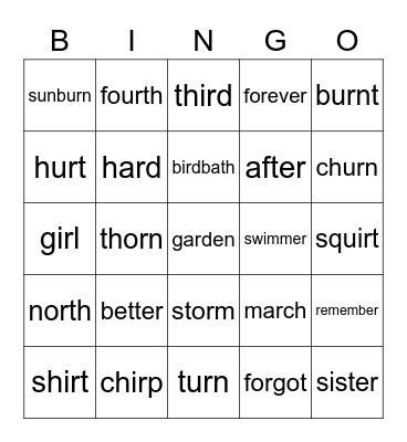 R-Controlled Vowels Bingo Card