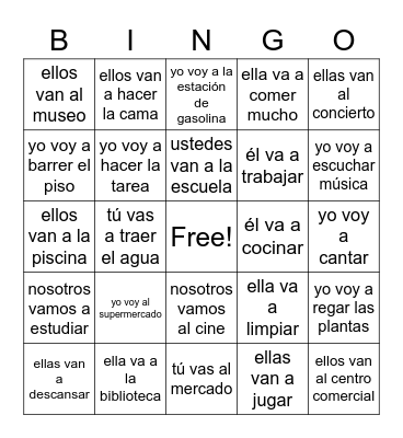 ir a + places/ ir a + infinitives Bingo Card
