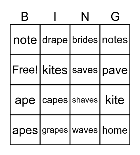 Suffix Bingo Card