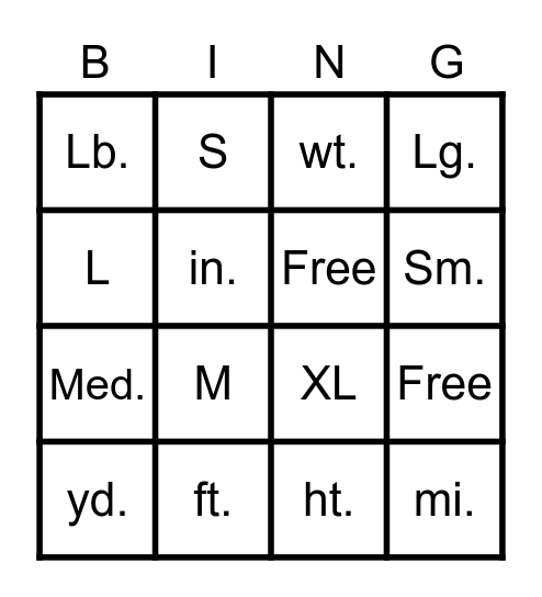 Measurement Abbreviation Bingo Card