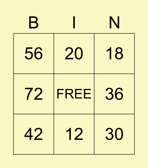Multiplication Bingo Card