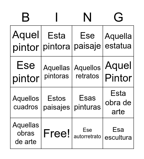 Demonstratives-Art Bingo Card