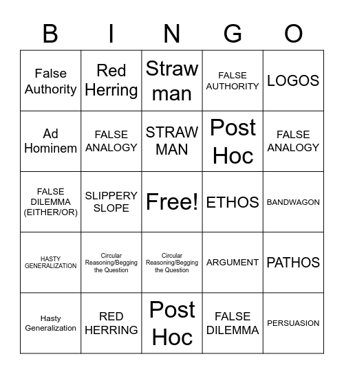 Logical Fallcy Bingo Card