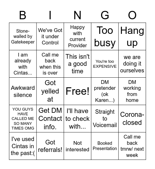 Cold Calling Bingo Card