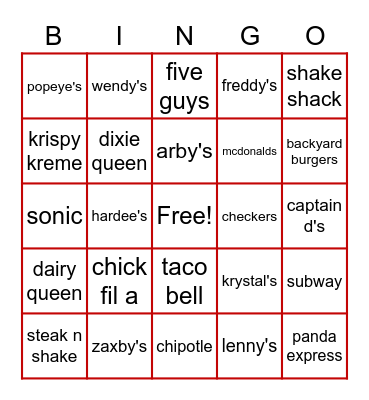 Food Bingo Card