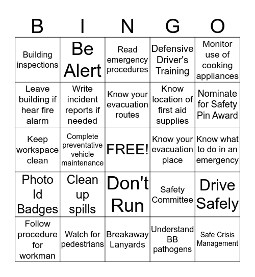 SAFETY FIRST Bingo Card