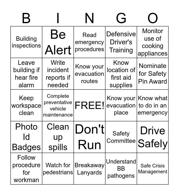 SAFETY FIRST Bingo Card